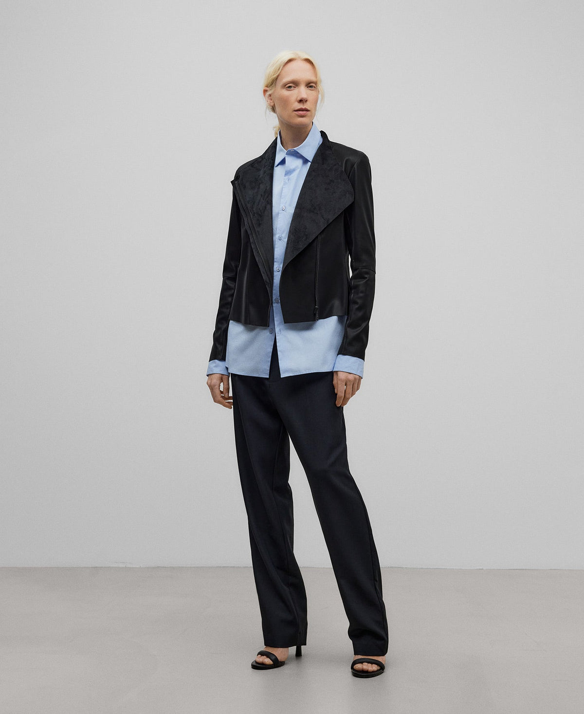 Leather-Non-Leather fitted jacket woman in black