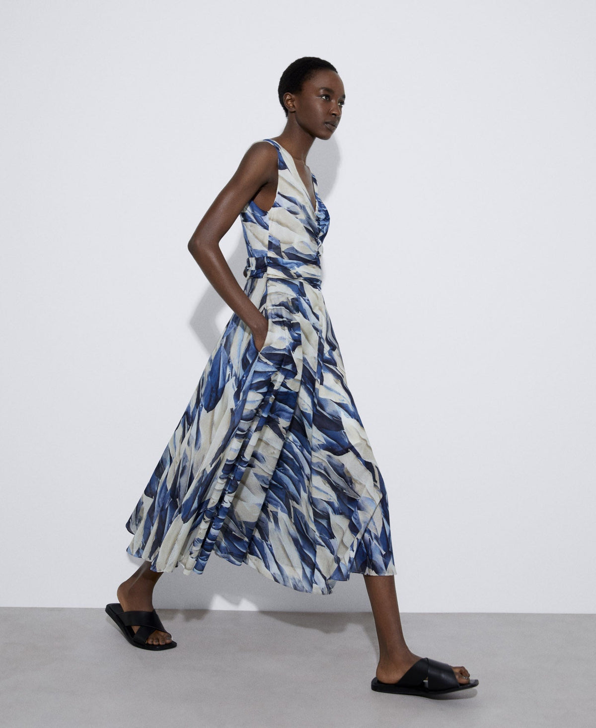 Blue Printed Dress With Draped Neckline