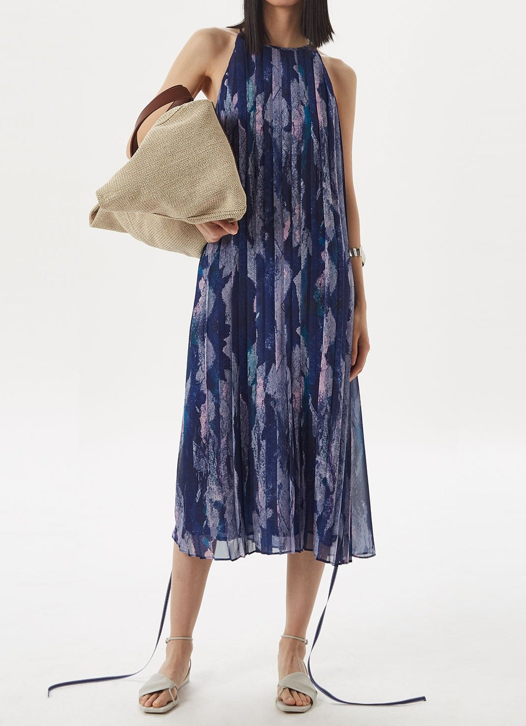 Blue Print Pleated Dress With Chalk Effect Print