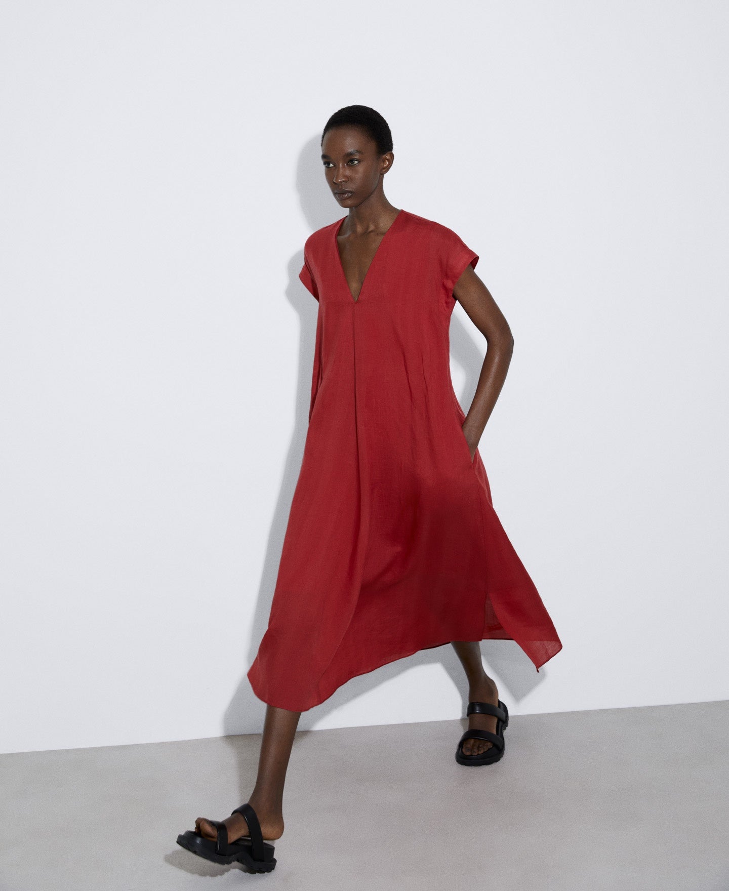 Red Flared Dress In Responsible Ramie