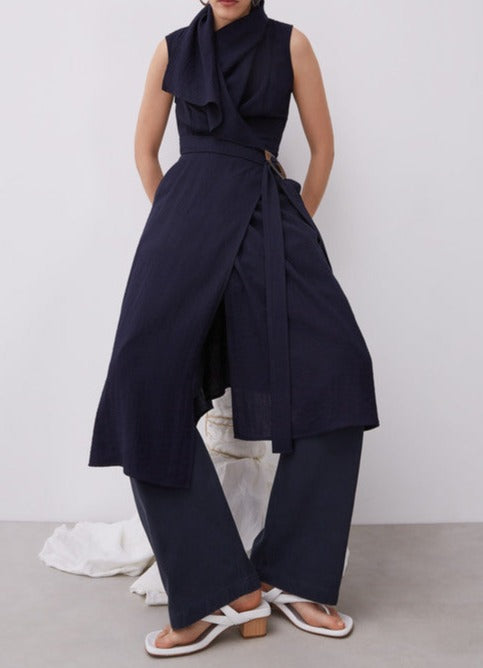 Navy Blue Midi Wrap Dress