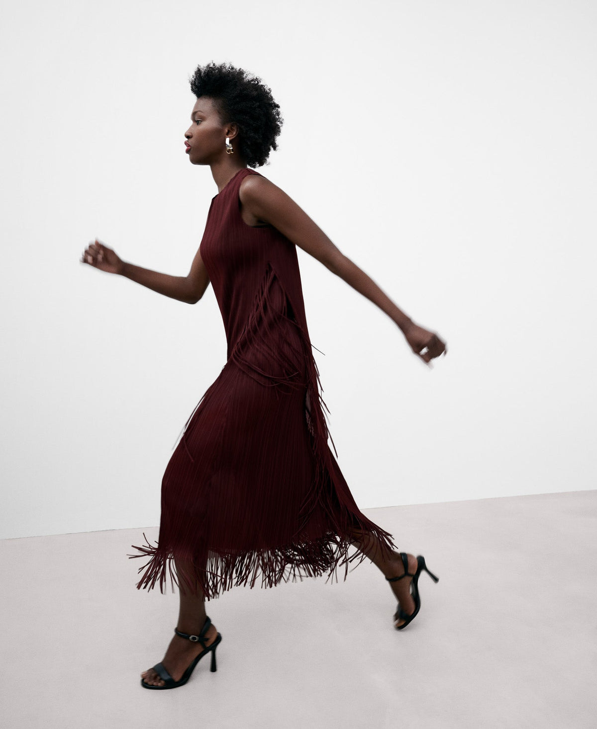 Burgundy Recycled Polyester Fringed Dress