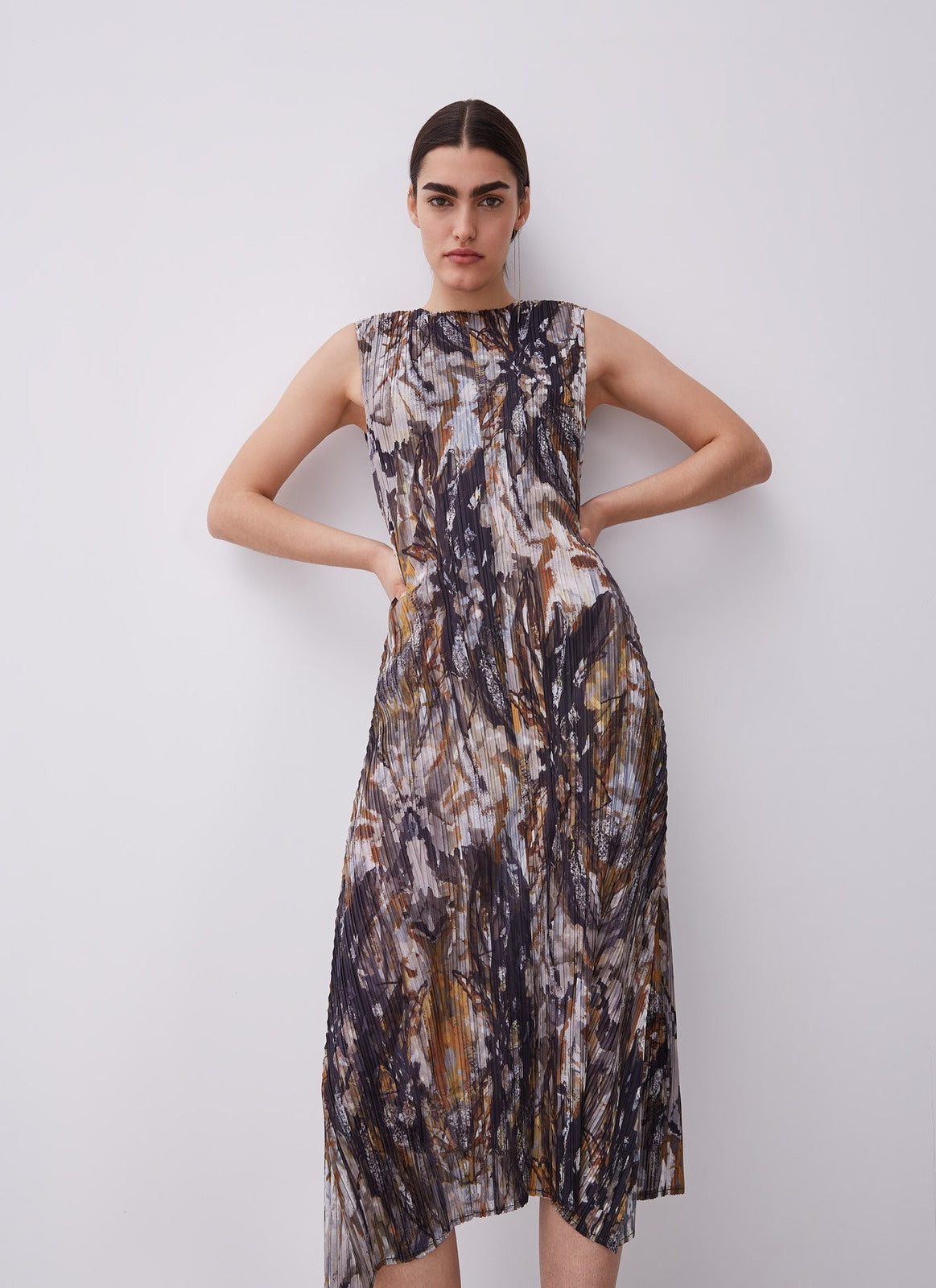 Brown Print Printed Crinkle Midi Dress