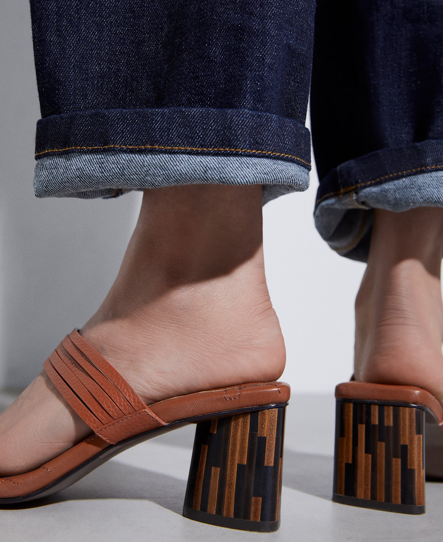 Orange Square Leather Sandal With Wooden Heel