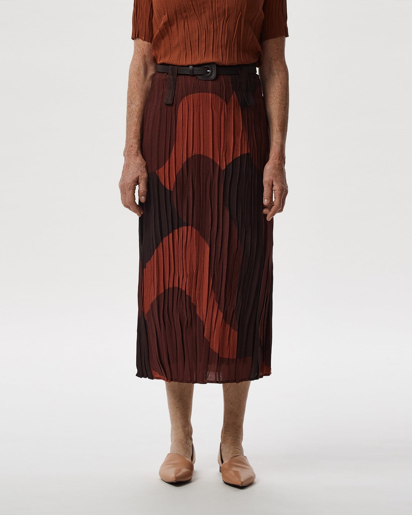 Brown Print Midi Crinkle Skirt With Print