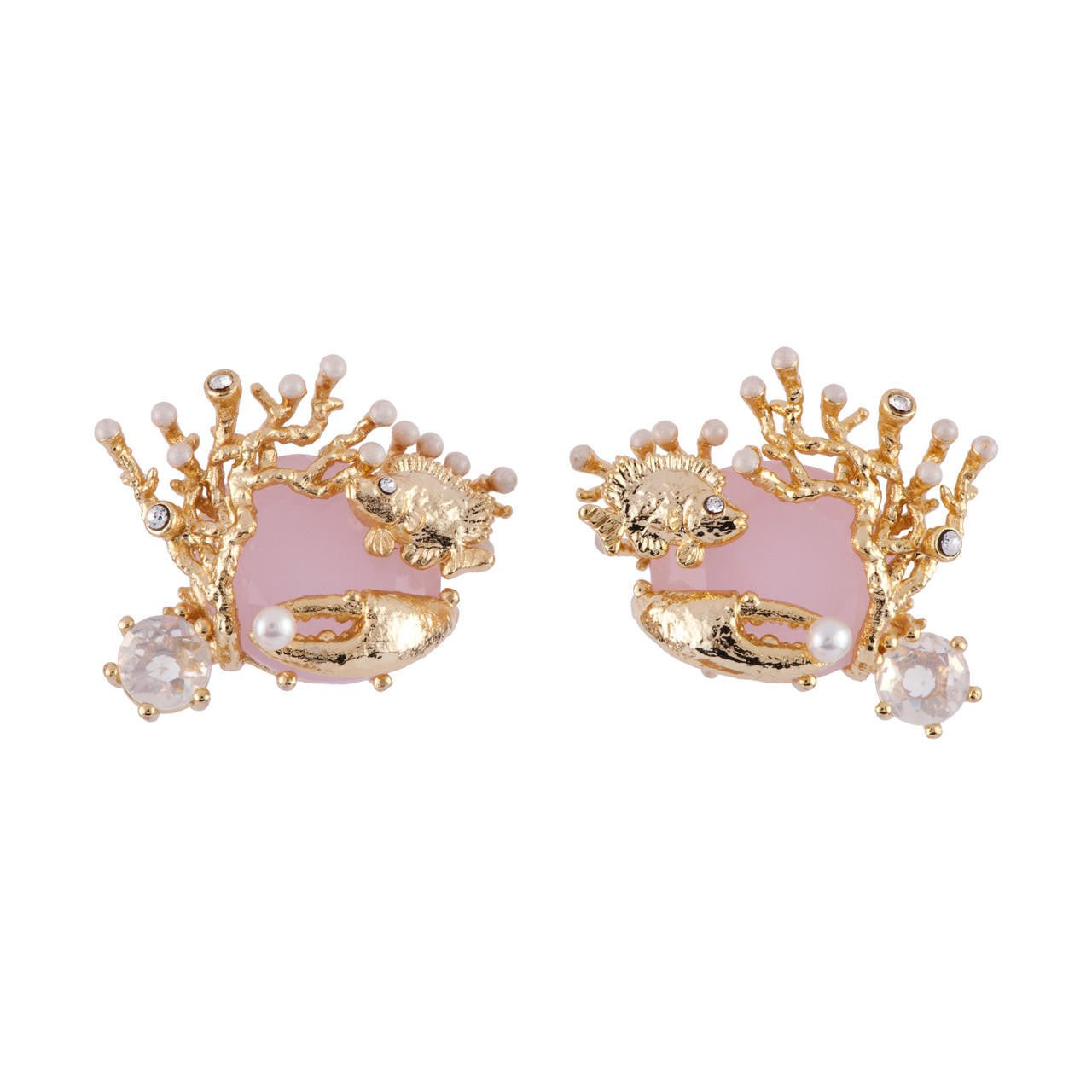 Atlantide Pink Crystal Stone With Corals, Fish & Crab'S Claw Earrings | AFAT1071