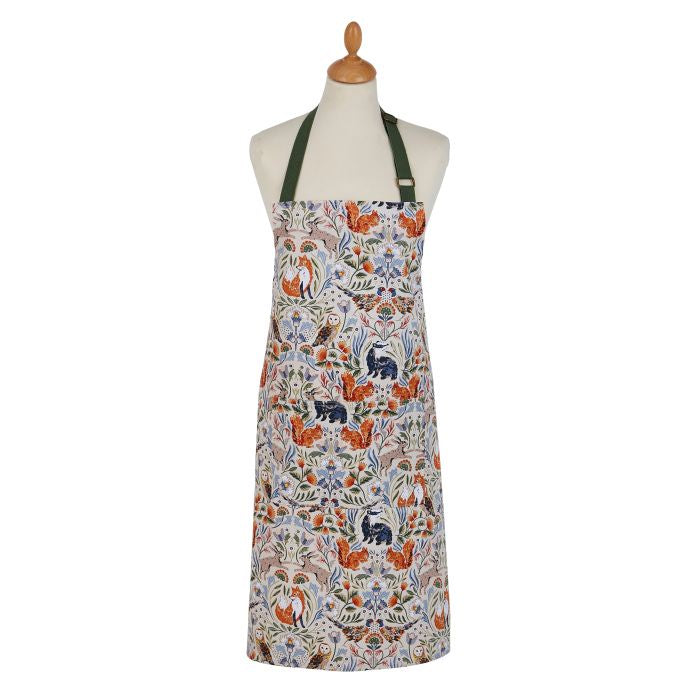 White apron with woodland animal print and green neck strap