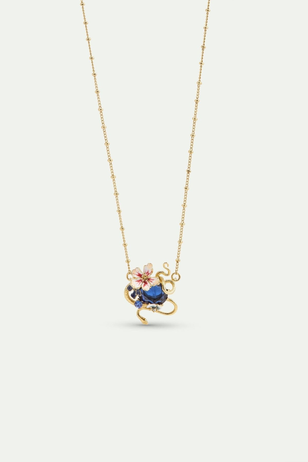 Necklace With Blue Faceted Stone, Gold Snake and Mallow Flowers | AYVA3011