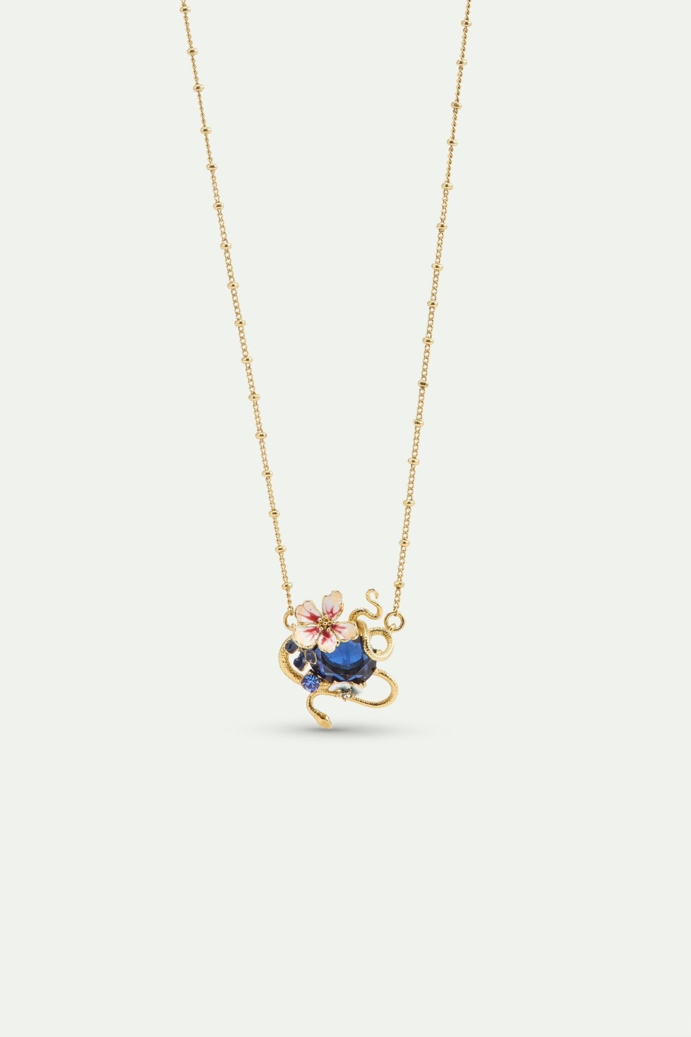 Necklace With Blue Faceted Stone, Gold Snake and Mallow Flowers | AYVA3011