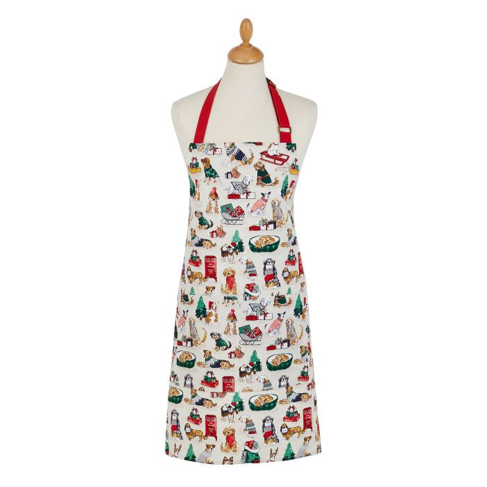 White apron with Christmas themed dogs printed all over