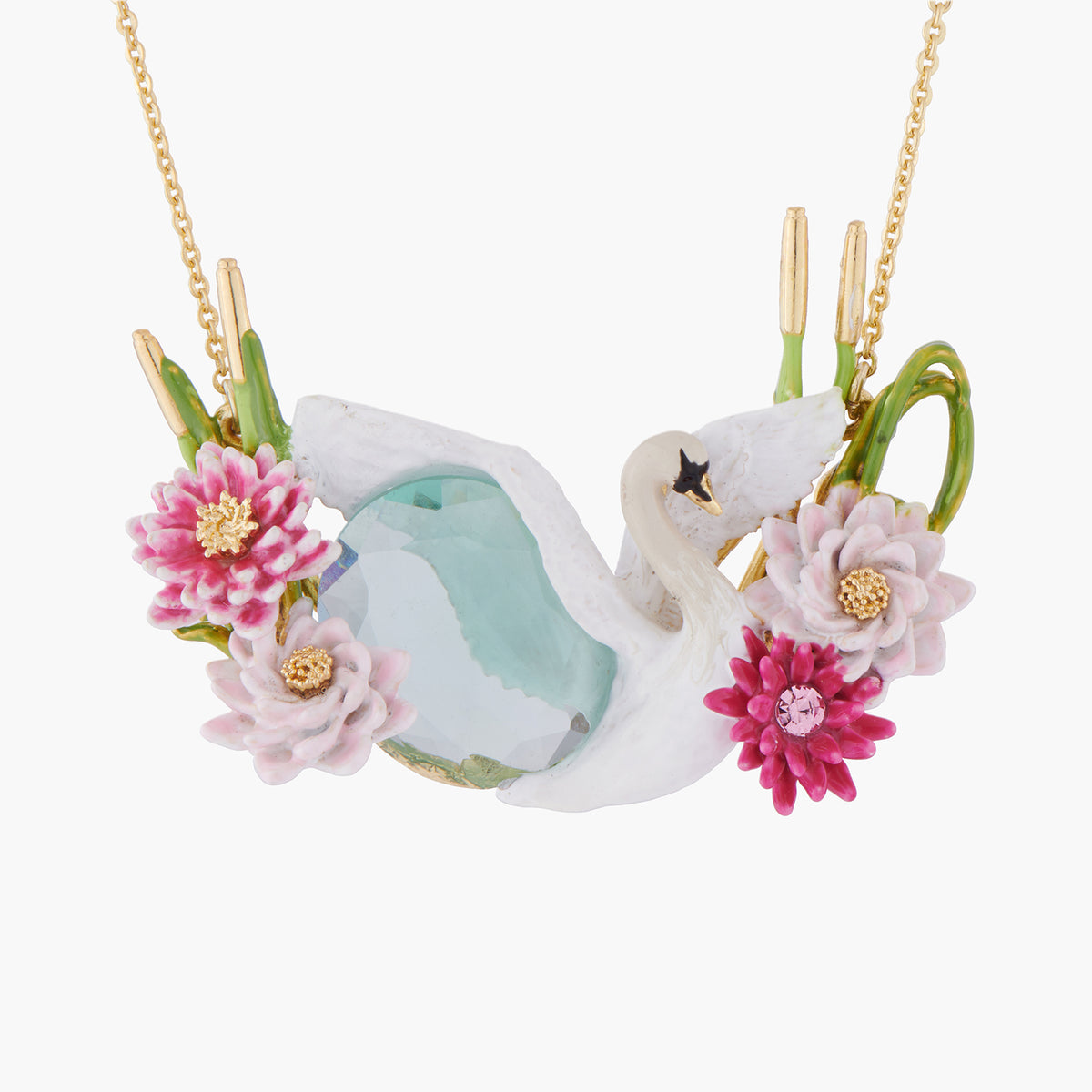 Flying Swan Among Water Lilies On A Blue Stone Collar Necklace | AKCY304