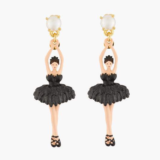 Black Ballerina, Pearl And Feather Tutu Earrings | AKDD115C/2