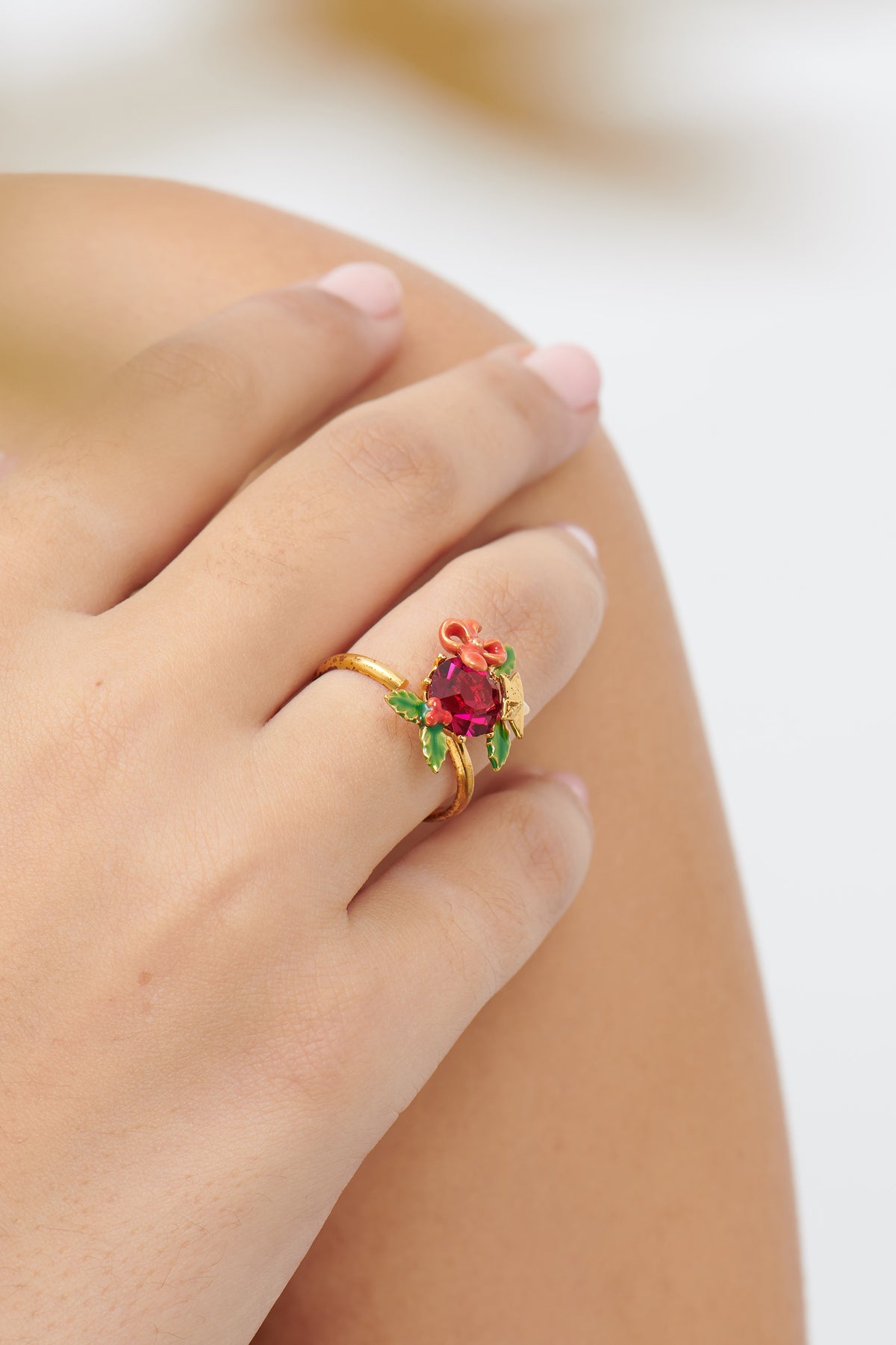 Red Stone And Christmas Holly Adjustable Rings | AKNO602