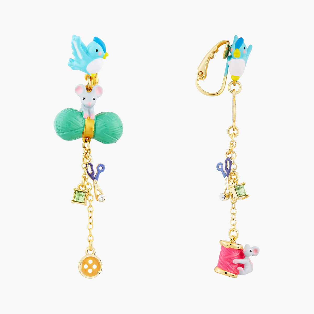 Bird, Mouse, Wool, Scissors, Button, Spool Of Thread And Faceted Crystal Earrings | AOCE1071