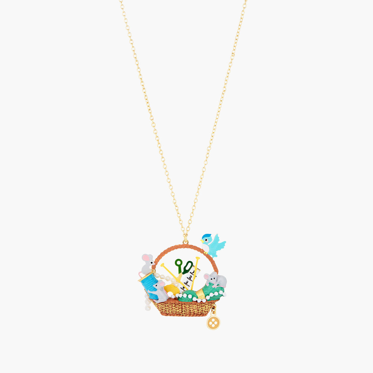 Mouse And Spool Of Thread, Scissors, Bird, Pearls, Measuring Tape, Needles And Wool Long Necklace | AOCE3031