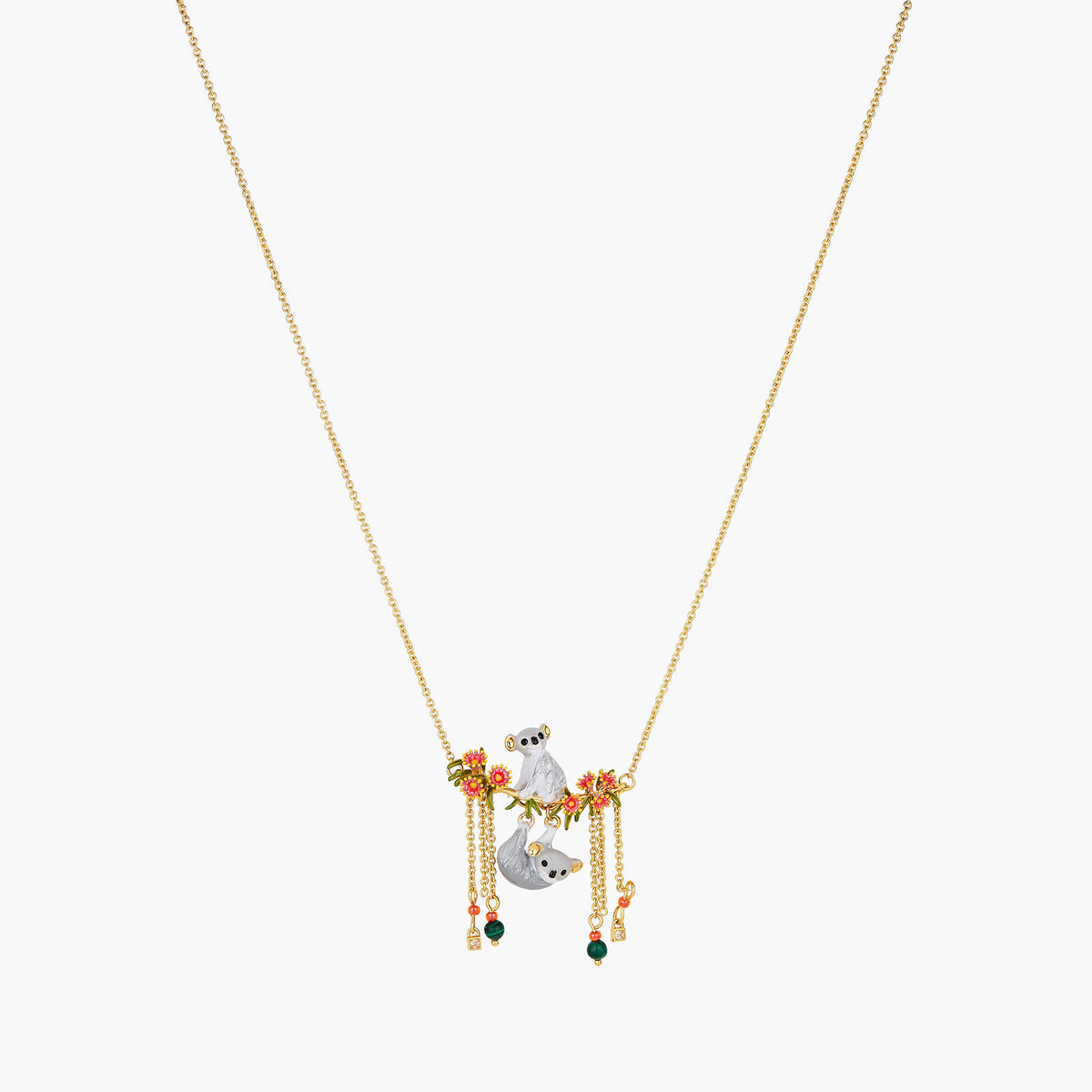 Duo Of Koalas, Pink Eucalyptus And Malachite Beads Statement Necklace | AOLA3031