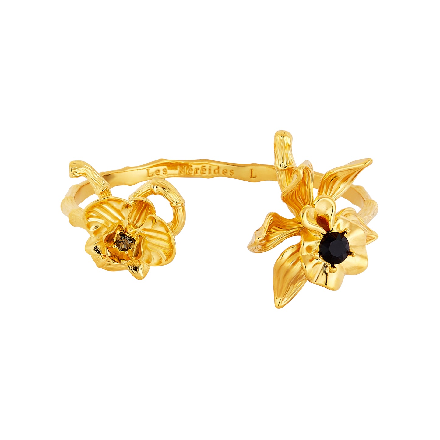 Two Flamboyant Orchids And Faceted Crystal Stone Bangle Bracelet | AOOC2051