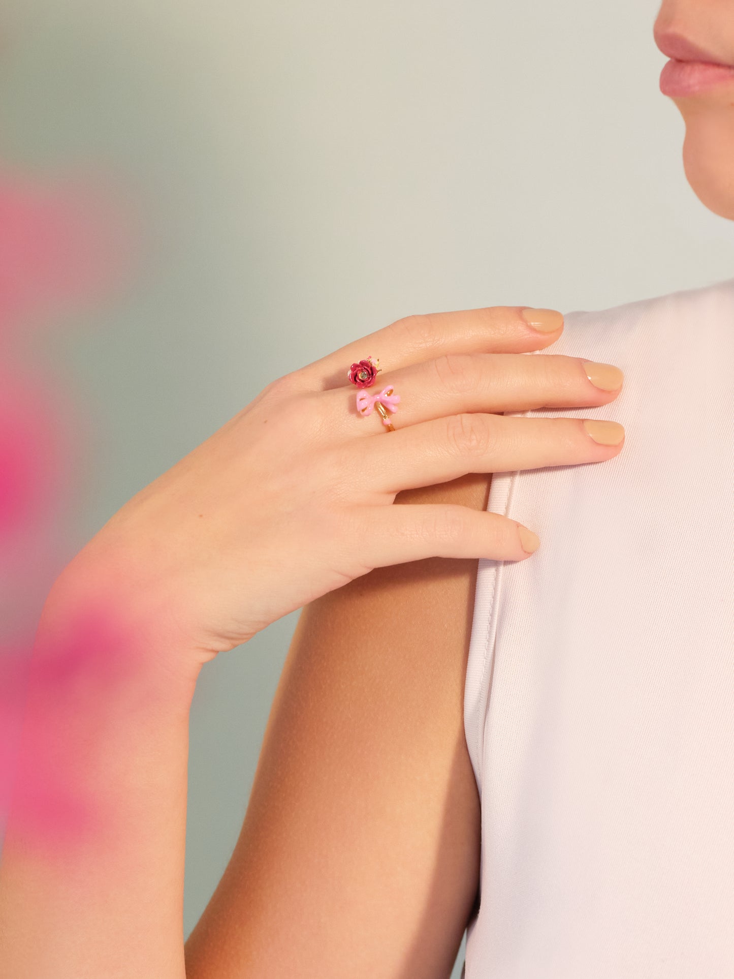 Pink Bow And Flowers Adjustable Ring | APIP6021