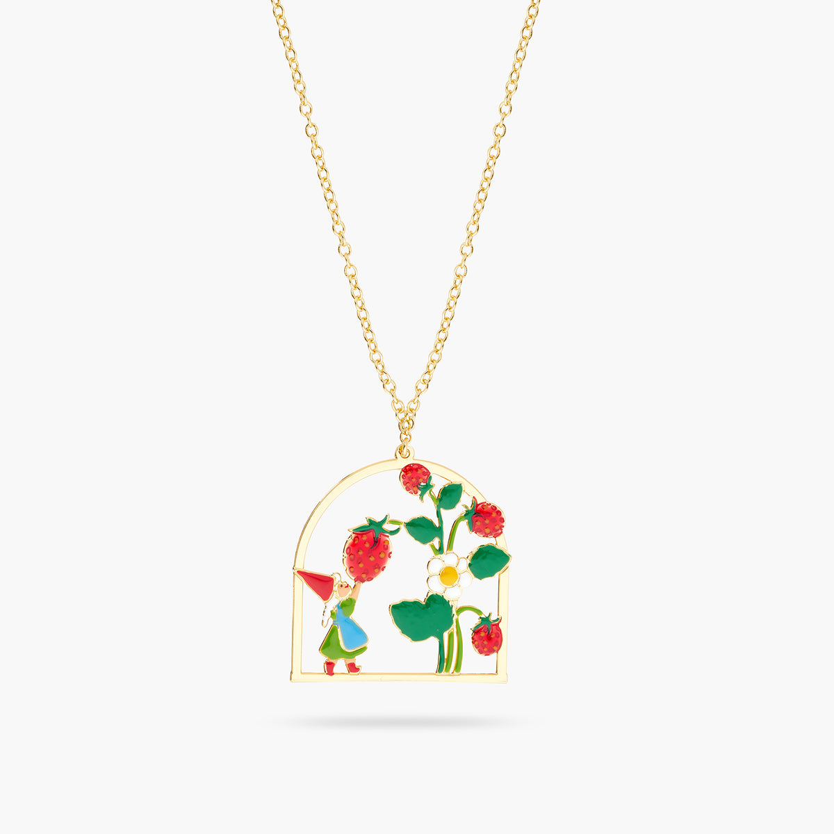 Garden Gnome Lady And Strawberry Picking Pendant Necklace | ARCP3061