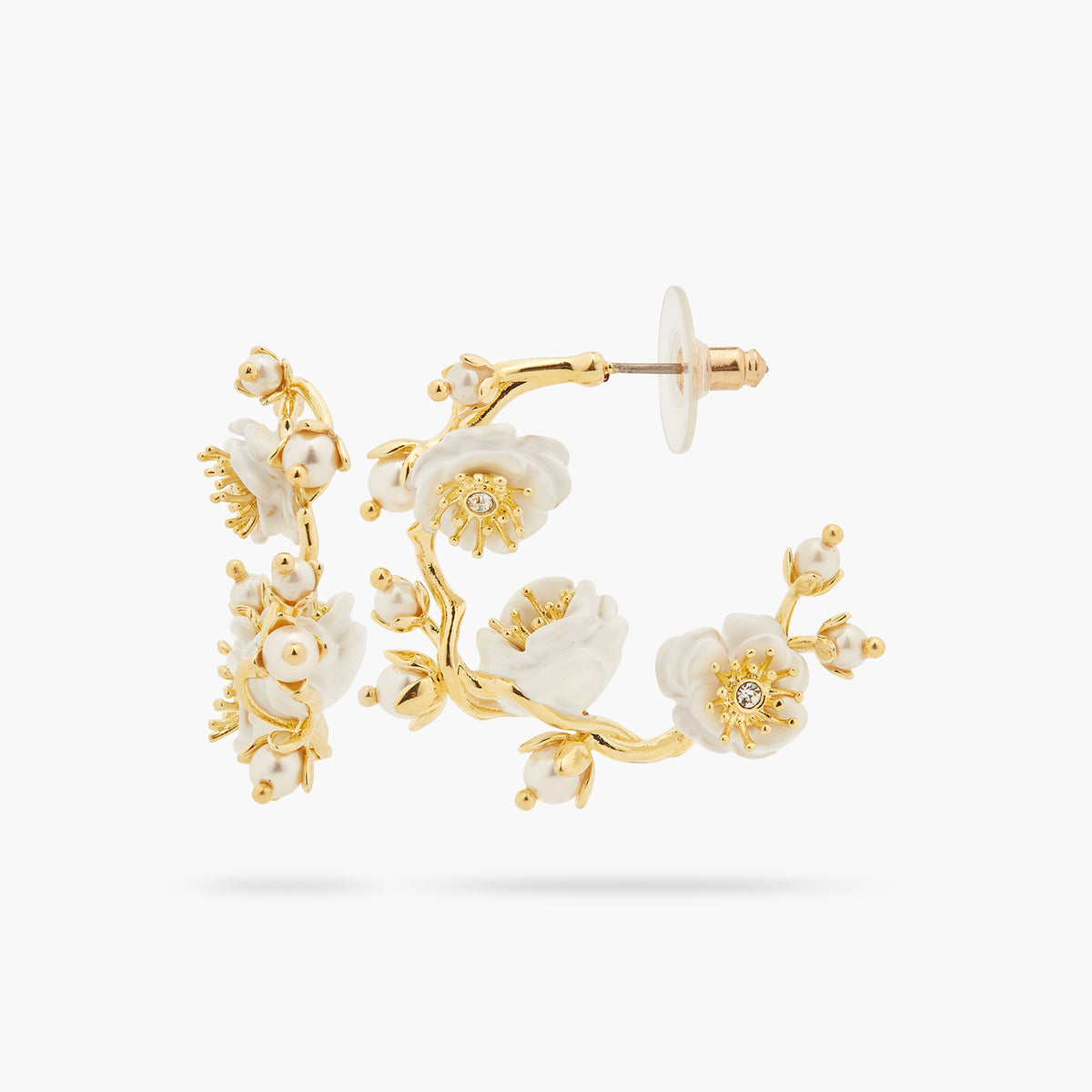 White Rose Branch And Pearls Hoop Earrings | ASET1051