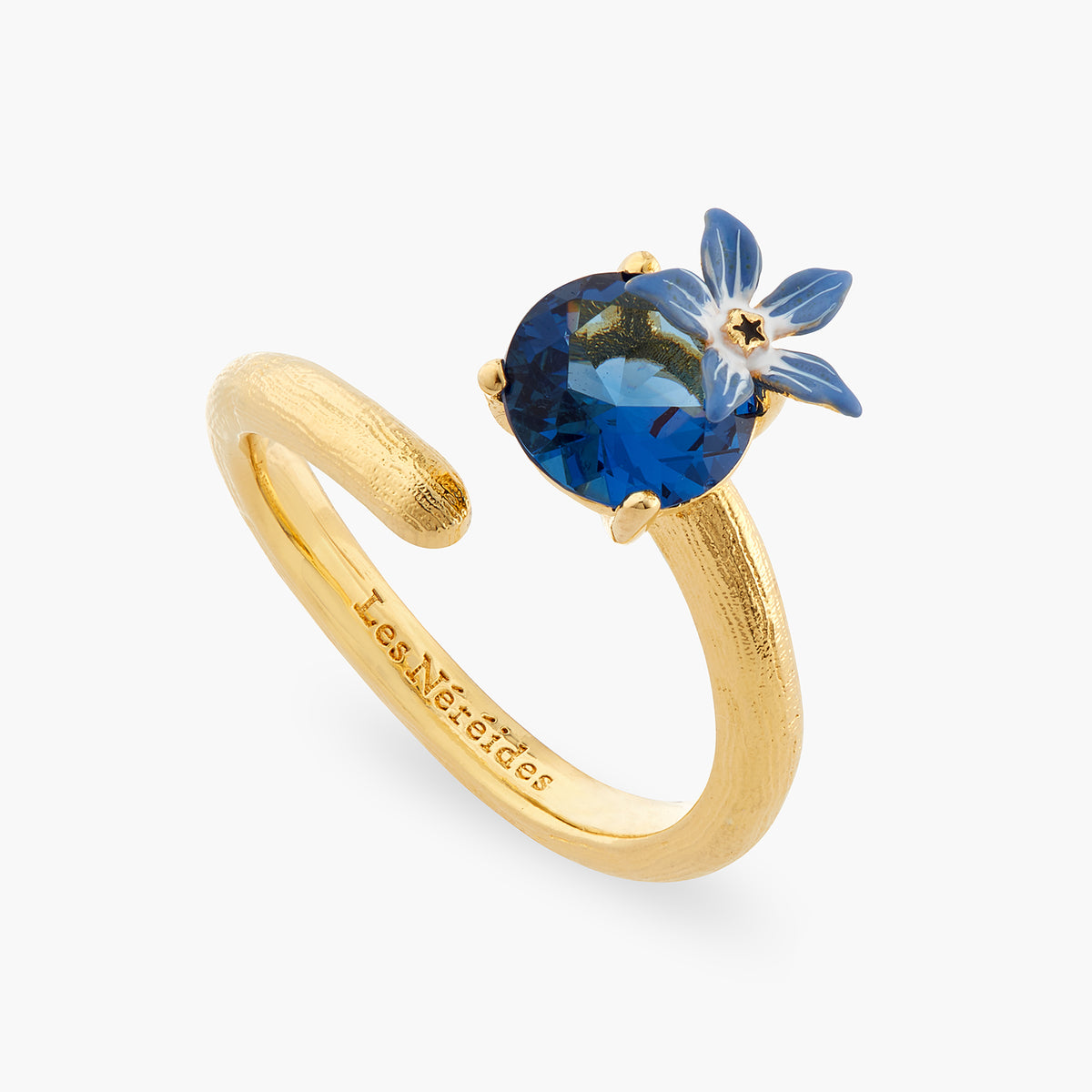 Blue Flower And Round Faceted Crystal Adjustable Ring | ASPO6041