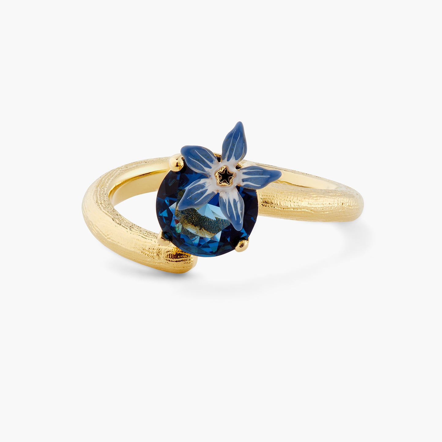 Blue Flower And Round Faceted Crystal Adjustable Ring