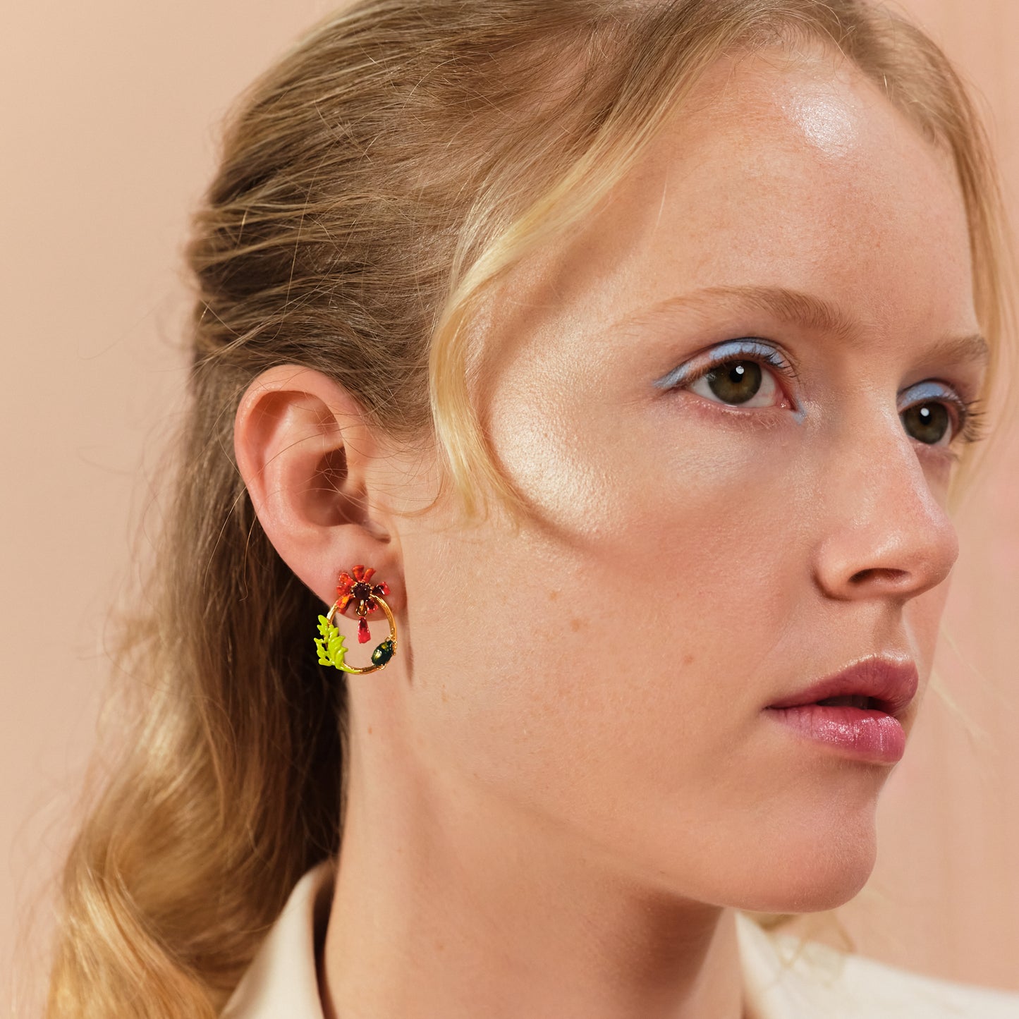 Ephemeral Flower And Scarab Beetle Hoop Earrings