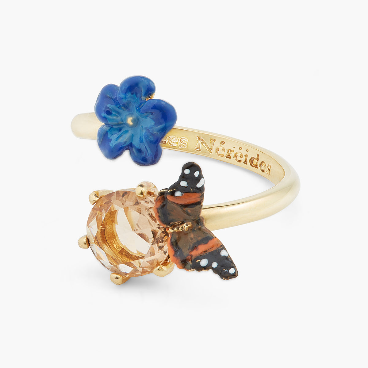 Blue Flax Flower And Butterfly Adjustable Ring | ASTM6011