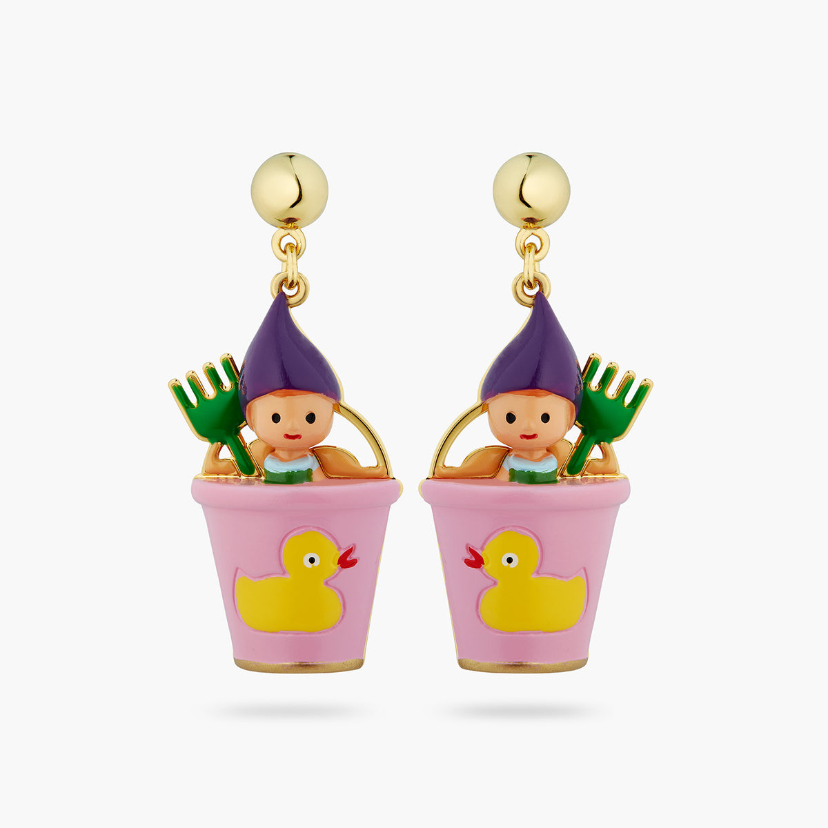 Gnome, Green Rake And Pink Bucket Earrings | atcp1031