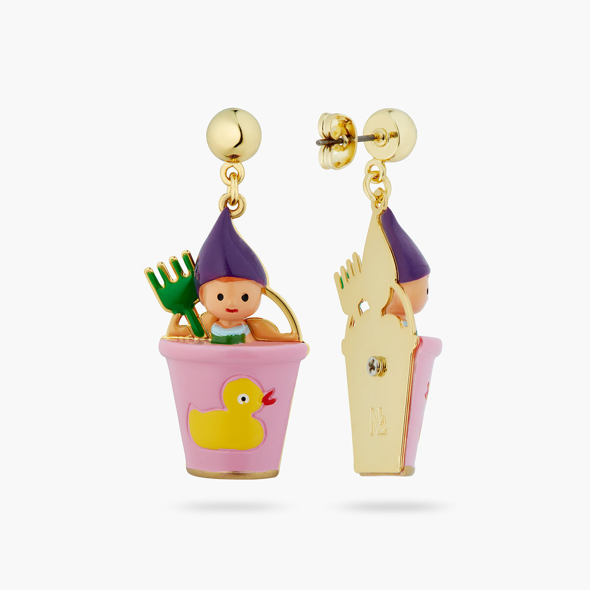 Gnome, Green Rake And Pink Bucket Earrings | atcp1031