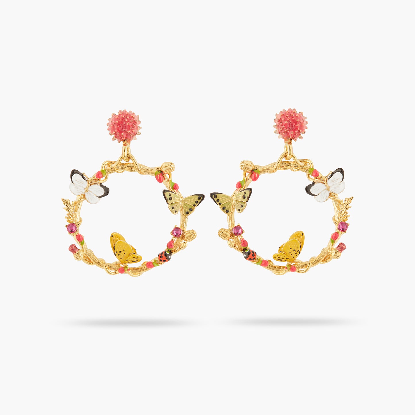 Enamelled Butterfly And Vegetal Elements Dangling Earrings