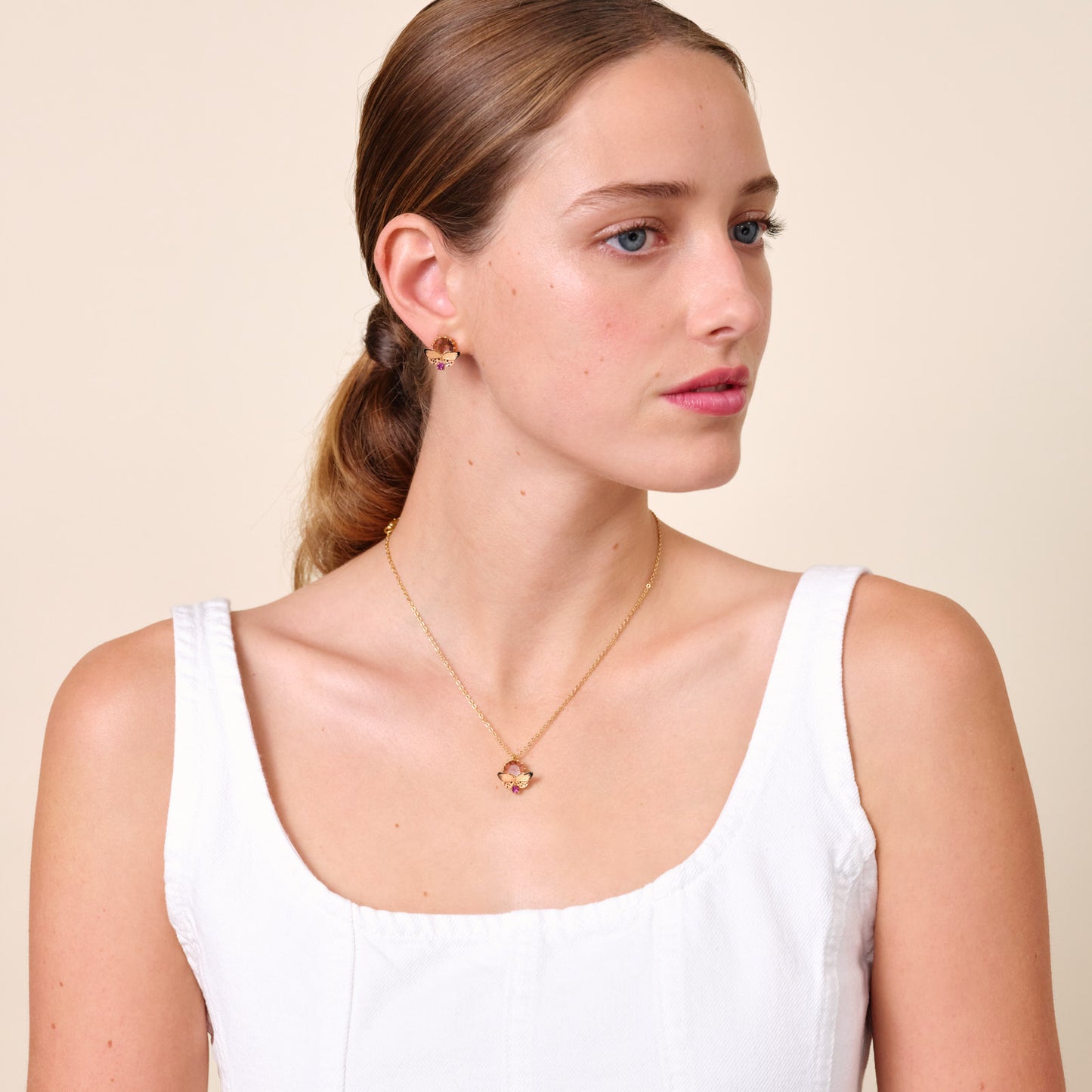 Enamelled Butterfly And Cut Crystal Stone Pendant Necklace | ATLA3041