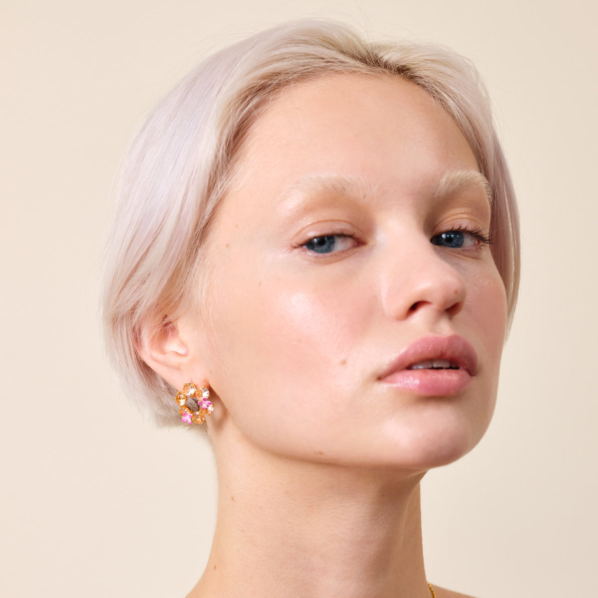 Apricot Pink Diamantine Flower And 6 Round Stone Earrings | atld1422