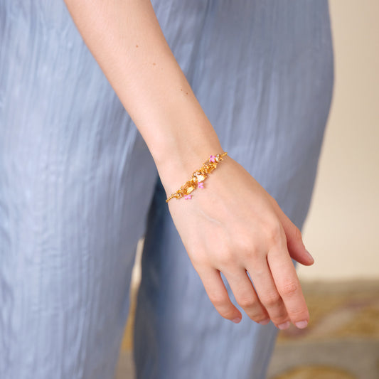 Apricot Pink Diamantine 5 Stone And Flower Fine Bracelet | ATLD2142