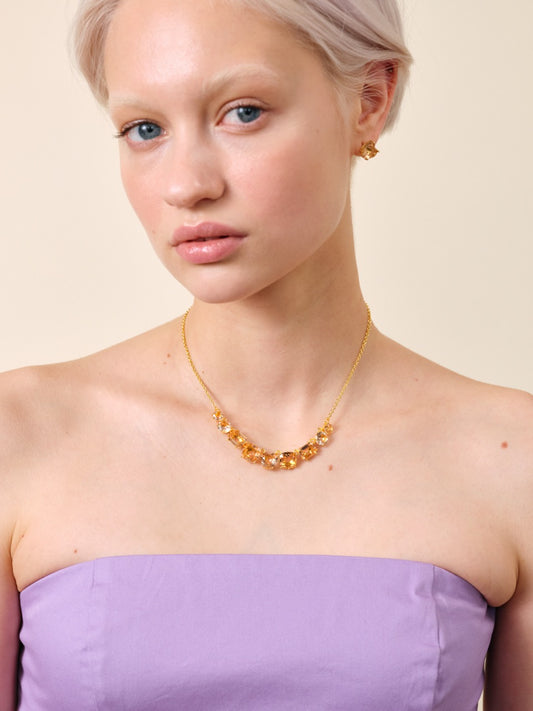 Apricot Pink Diamantine Flower And 9 Stone Fine Necklace | atld3182