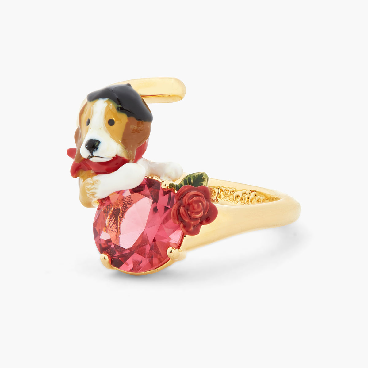 Beagle And Pink Cut Crystal Stone Adjustable Ring | atpa6021