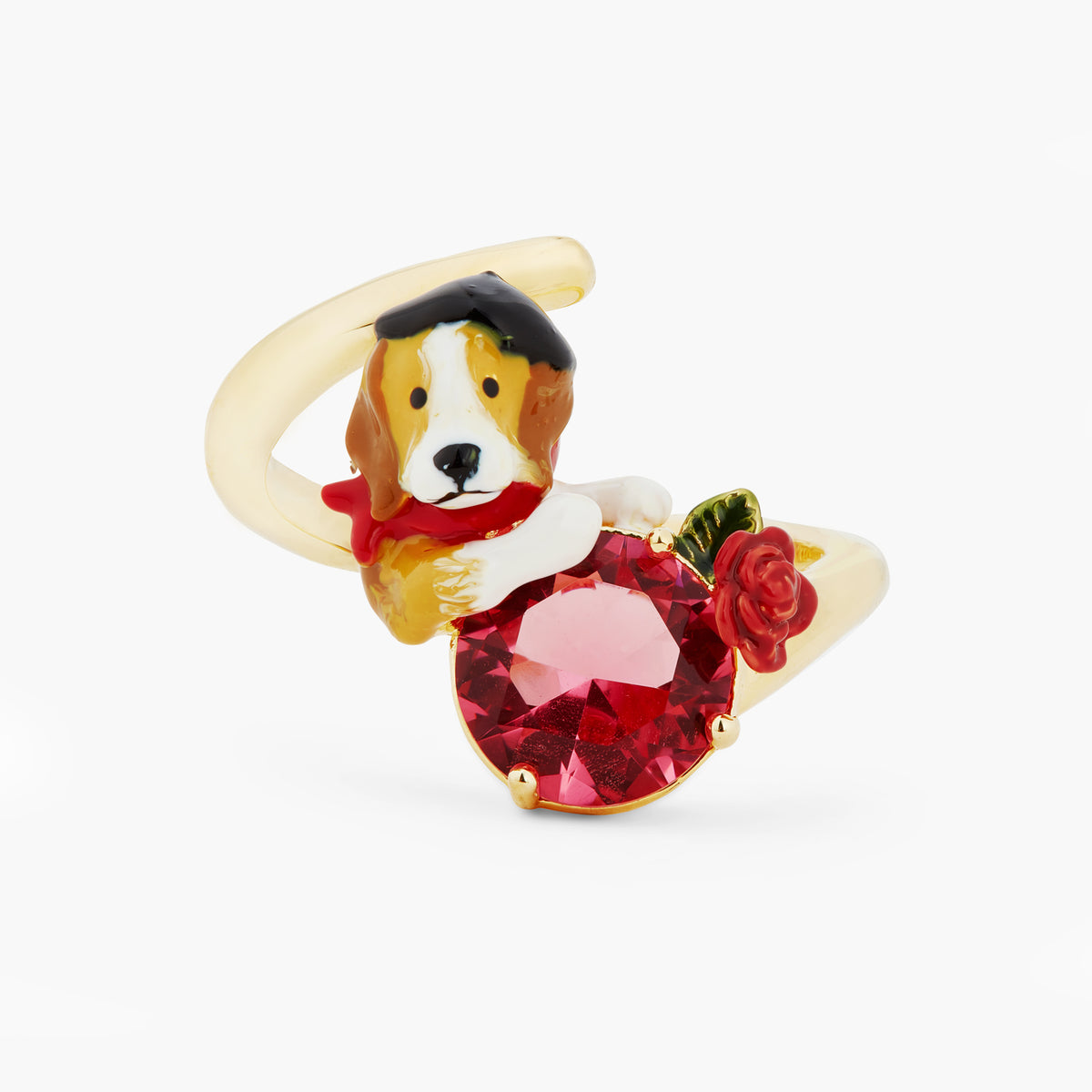 Beagle And Pink Cut Crystal Stone Adjustable Ring | atpa6021
