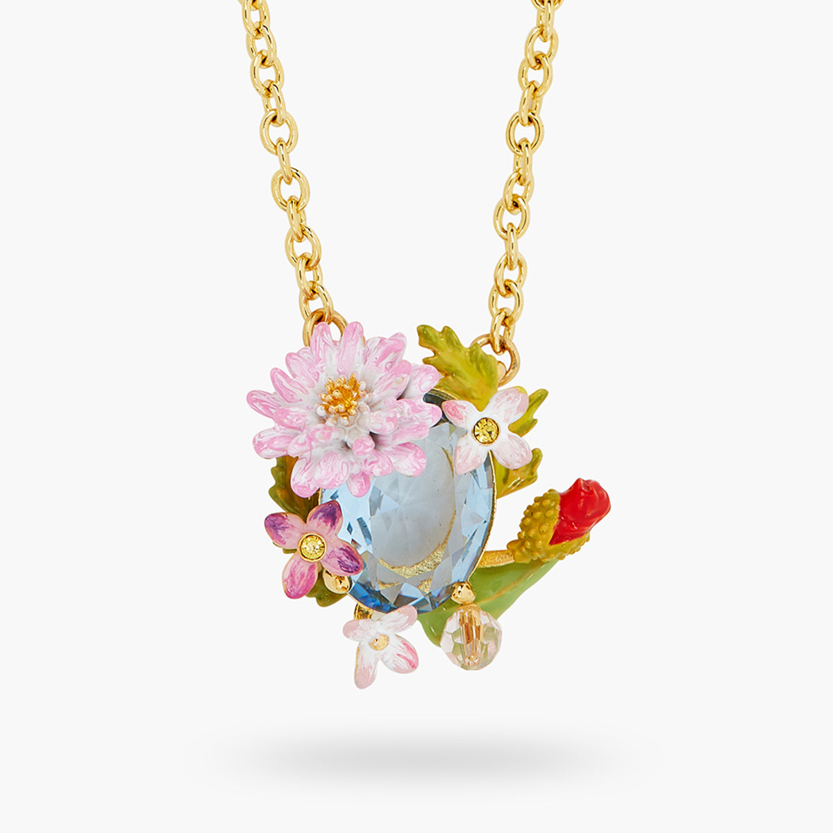 Poppy, Daisy And Blue Cut Crystal Stone Pendant Necklace | ATPO3021