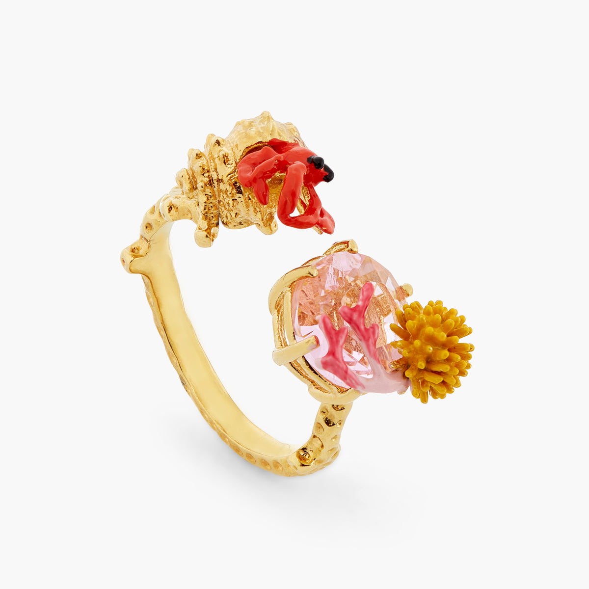 Adjustable Hermit Crab And Light Pink Cut Crystal Stone You And Me Ring | atpr6011