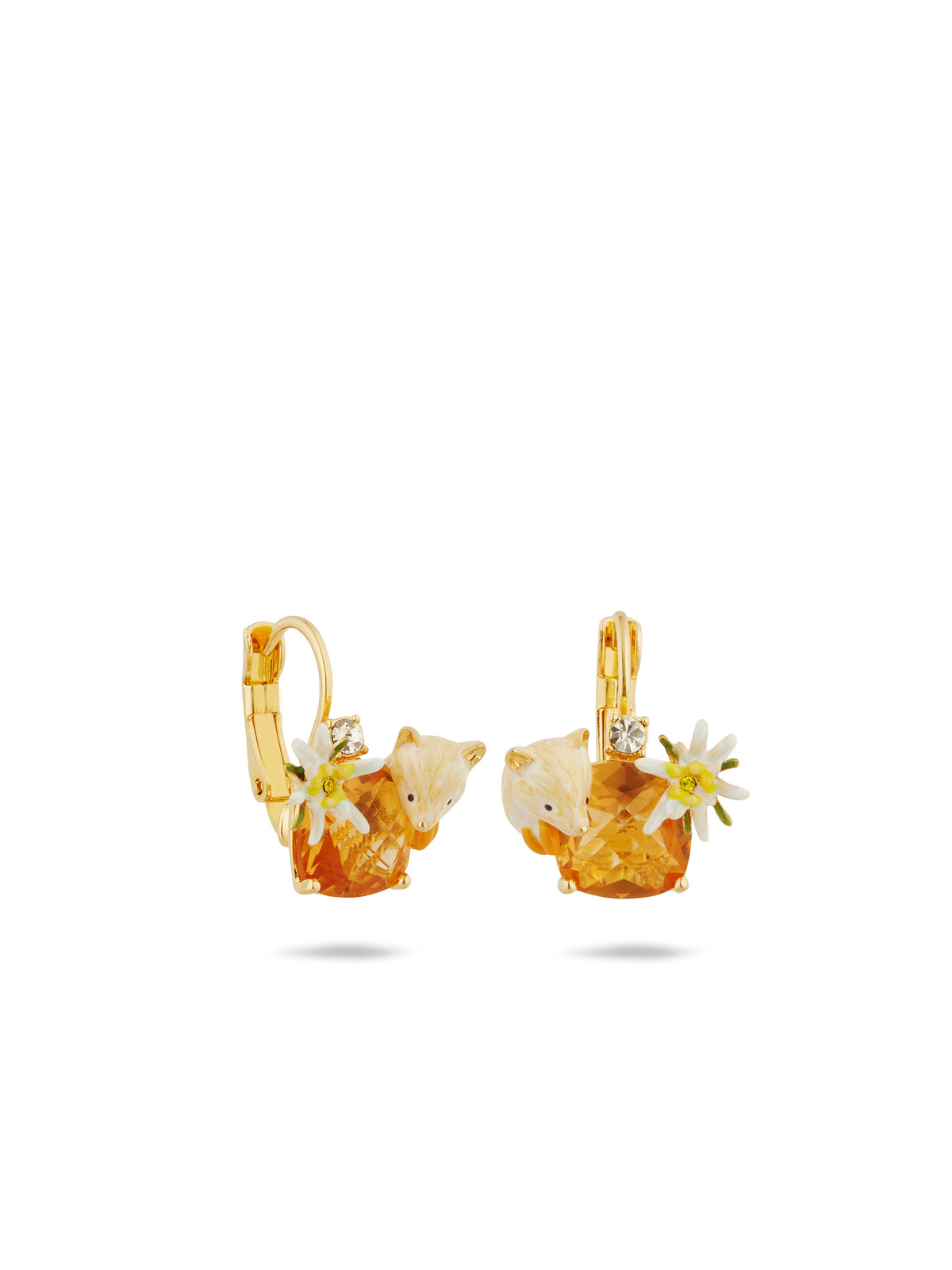 Asymmetrical Edelweiss Flower, Arctic Fox And Faceted Crystal Sleeper Earrings | aula1031