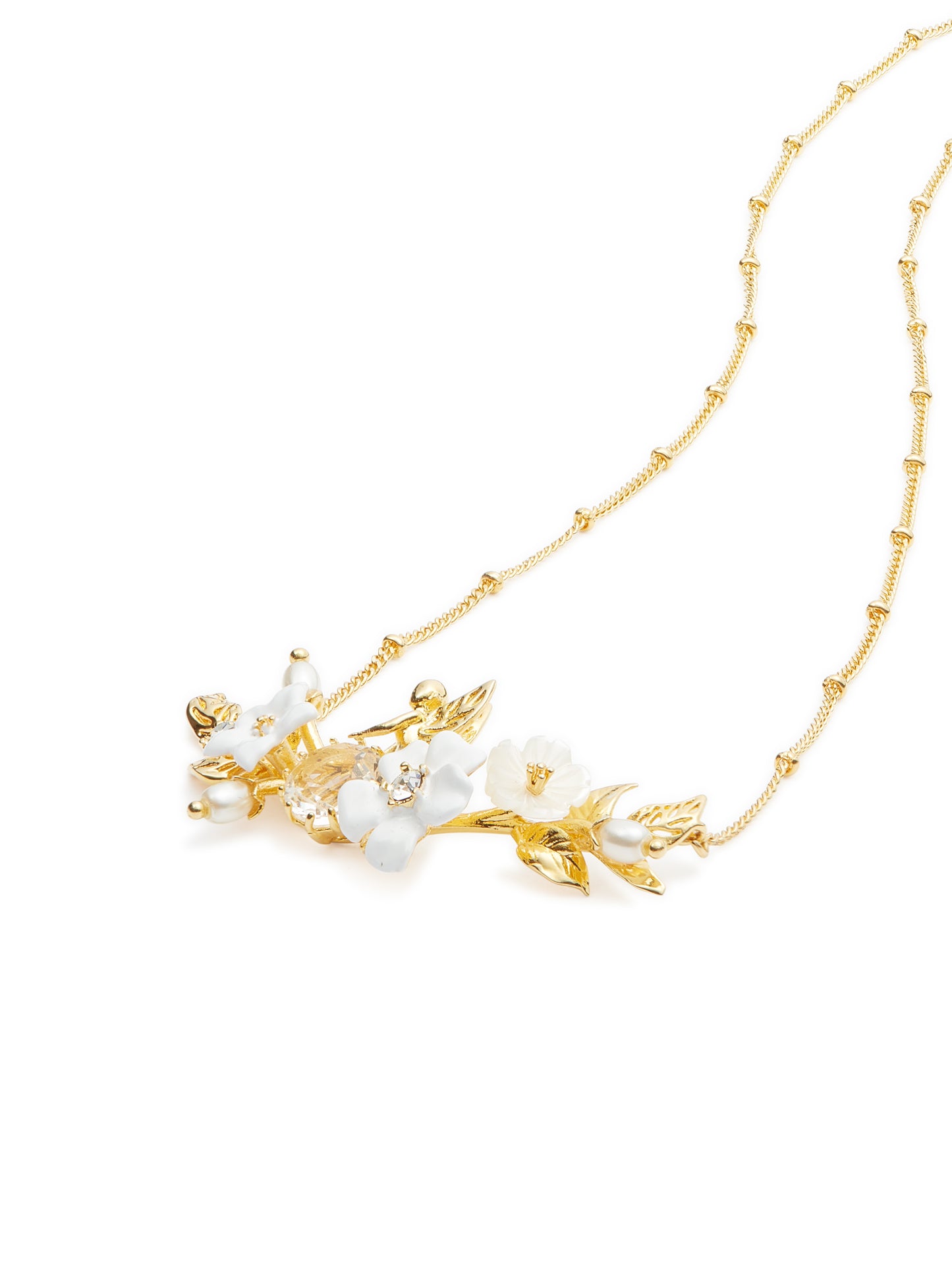 Aume306/1 White Jasmine, Faceted Crystal And Crystal Pearl Bead Statement Necklace