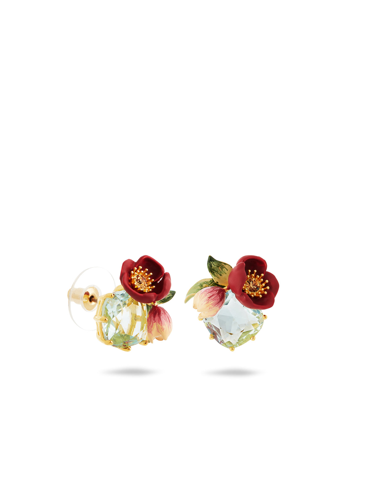 Red Hellebore Flower And Faceted Stone Earrings | auvh1021