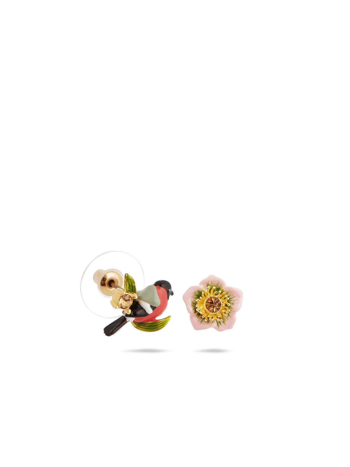 Asymmetrical Pink Hellebore & Red Bird Earrings | auvh1031