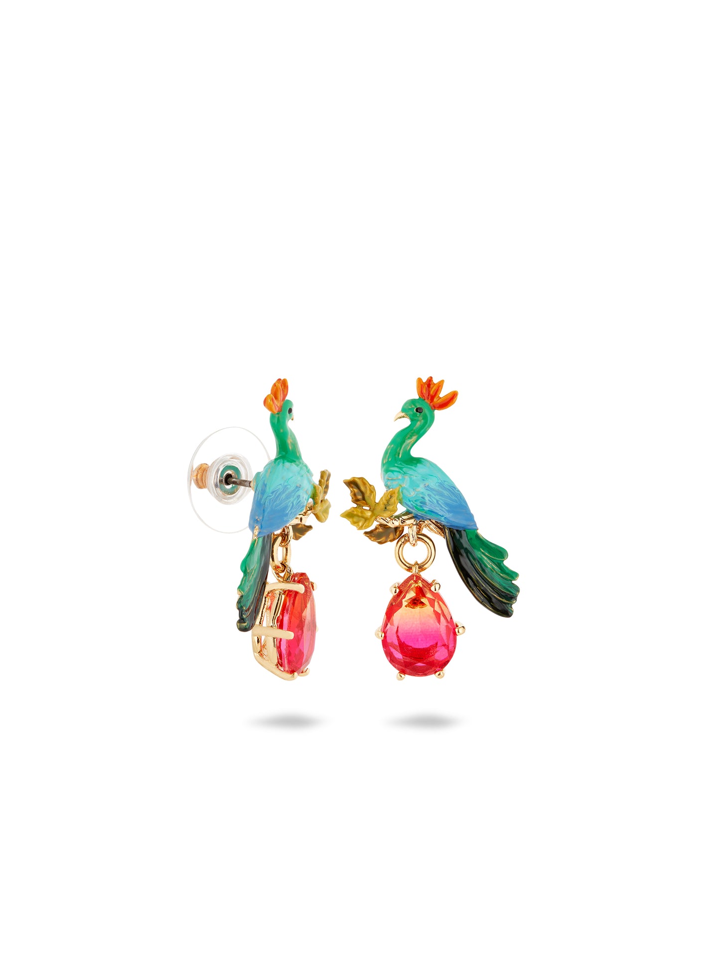 Peacock And Faceted Crystal Pear Post Earrings