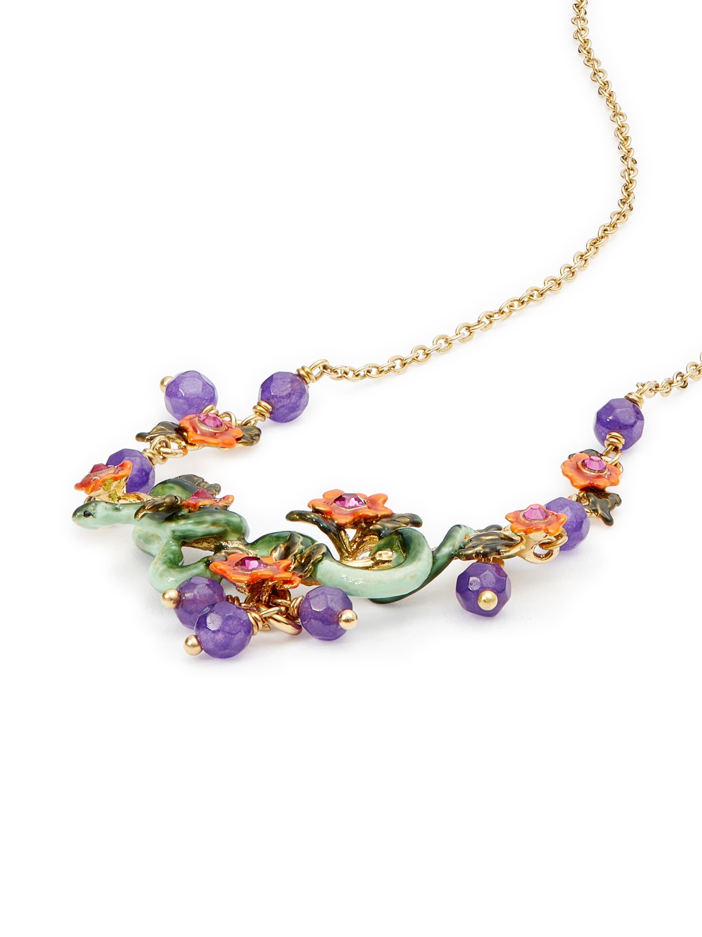 Snake, Red Flowers And Crystal Beads Statement Necklace | auvi3061