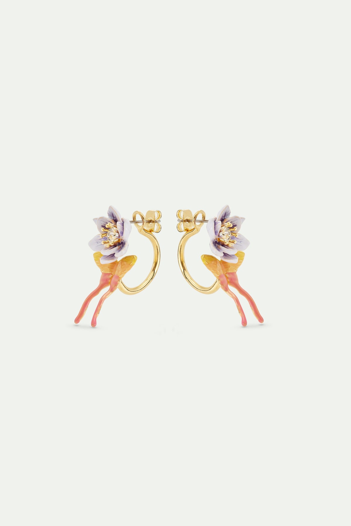 Purple Magnolia Flower And Pink And Yellow Butterfly Post Earrings | AVFA1021