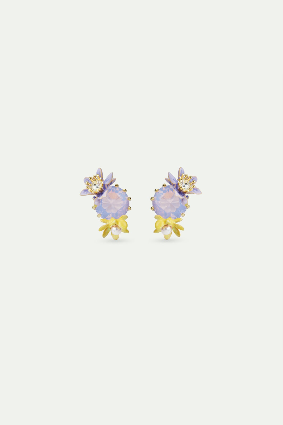 Round Purple Faceted Crystal Stone And Magnolia Flower Earrings | AVFA1031