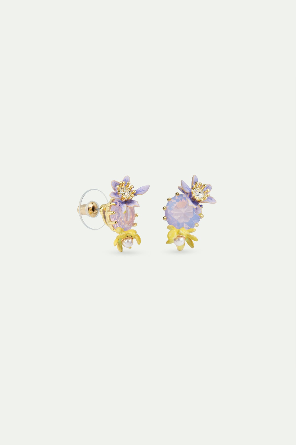 Round Purple Faceted Crystal Stone And Magnolia Flower Earrings | AVFA1031