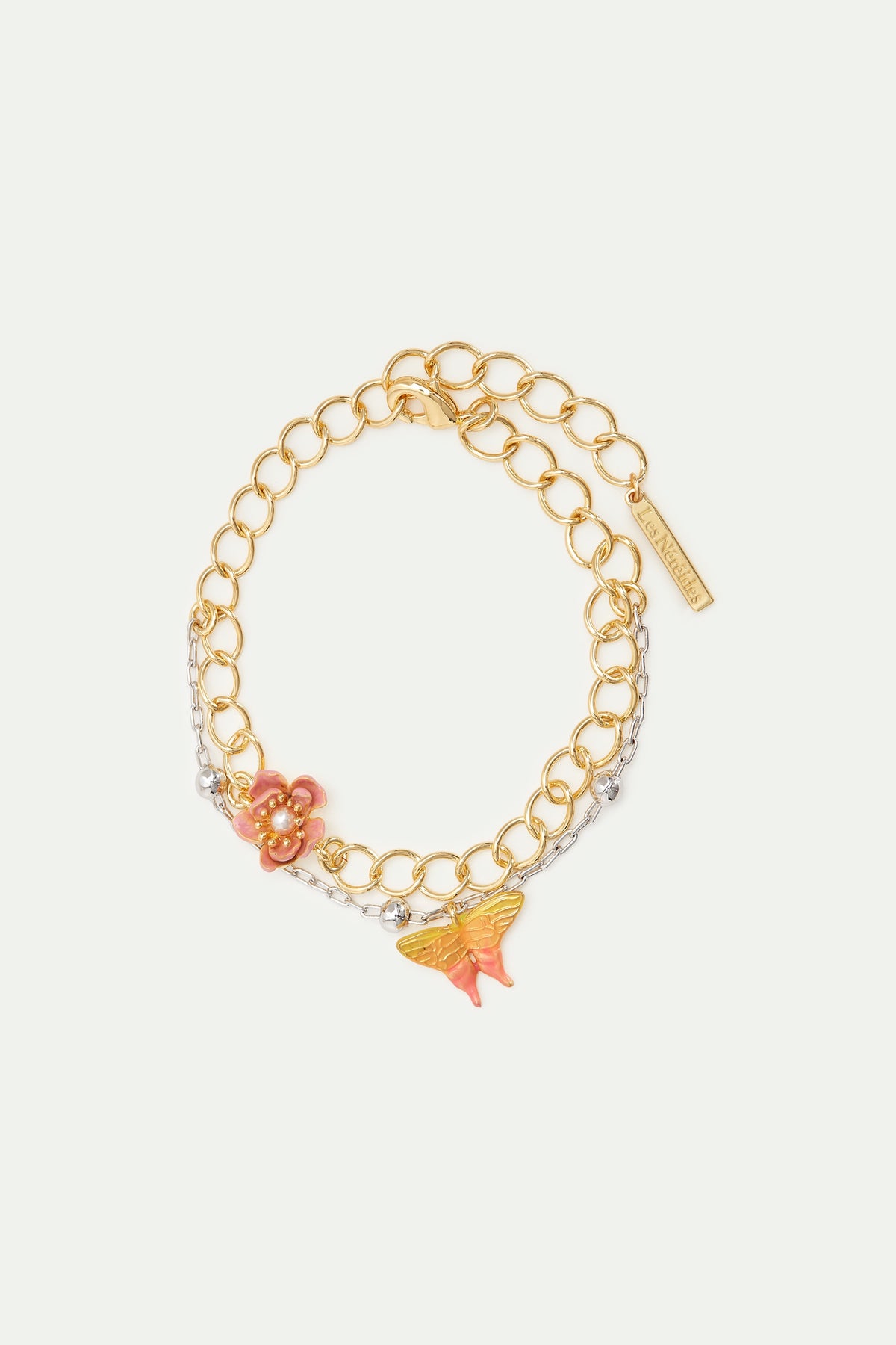 Two-Tone Double Chain, Magnolia Flower And Butterfly Bracelet | AVFA2011
