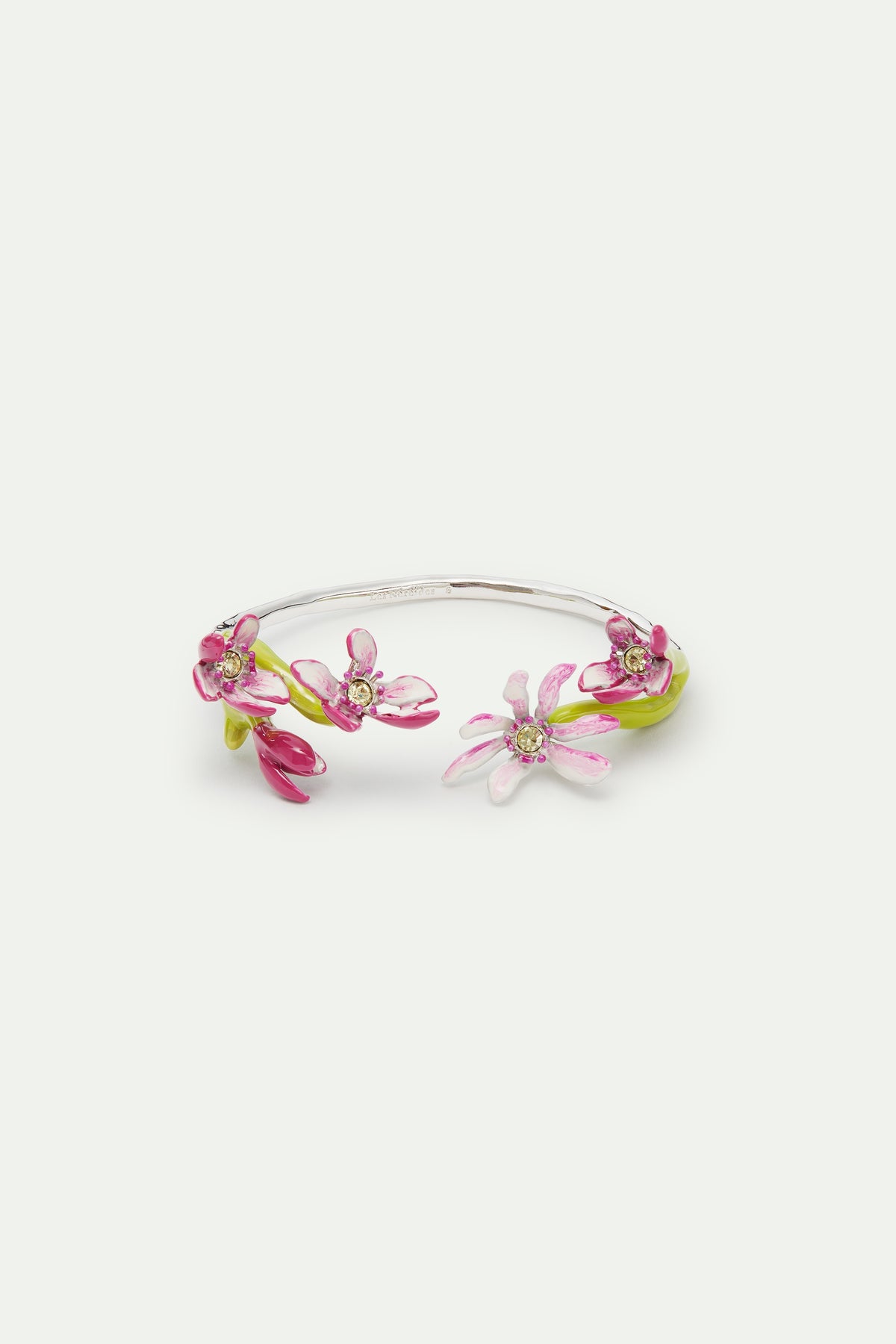 Fine Silver Cuff Bracelet With Pink Magnolia Flowers And Crystals | AVFA2021